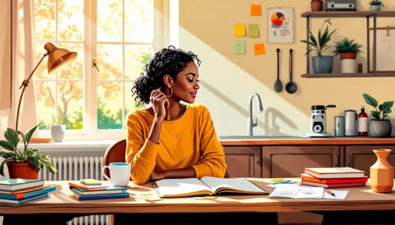 A woman in a yellow shirt sits at a kitchen table with open books, a cup, and papers on financial wellness habits. Sunlight streams through the window, and shelves hold plants and a coffee maker.