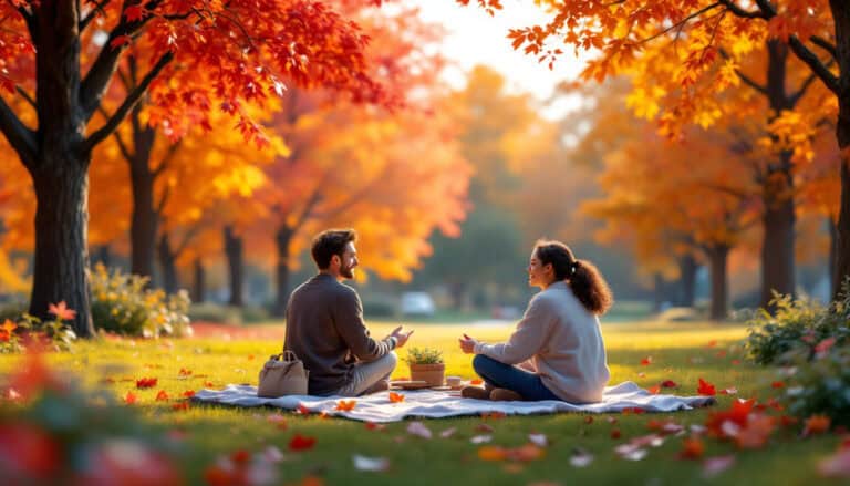 Two people enjoy a picnic on a blanket under vibrant autumn trees, their red and orange leaves creating a picturesque backdrop. As they relax, conversation drifts toward financial wellness, sharing tips and goals under the canopy of nature’s brilliance.