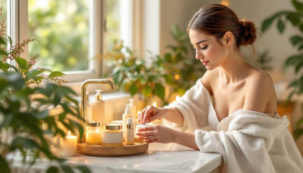 A woman in a white robe sits at a sunlit bathroom counter surrounded by candles and plants, savoring the tranquility that mirrors her journey to financial stability, as she holds a small container.