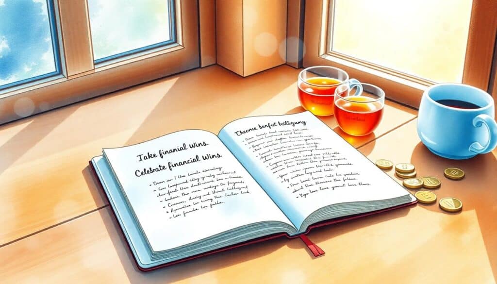 An open book with handwritten text rests on a table by a window, accompanied by two glass cups of tea, a mug of coffee, and a few coins—a serene moment reflecting on the pillars of financial well-being as sunlight streams gently through the window.