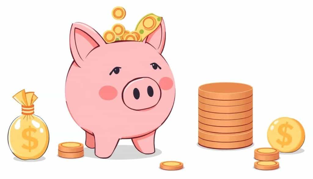 A pink piggy bank with coins playfully tumbling in, surrounded by stacks of coins and a fun fund sack of money.