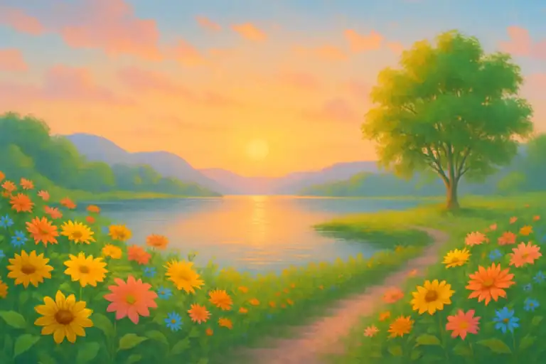 A river winds through a landscape with colorful wildflowers, a tree, and distant hills under a pastel sunrise or sunset sky, evoking memories of missing my dad.