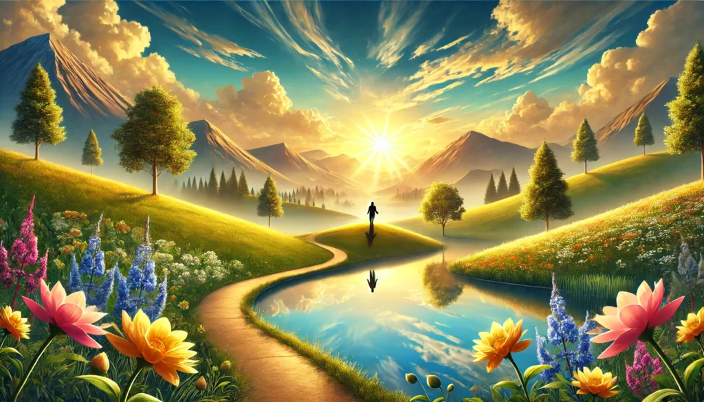 Success and Happiness. A person walks along a winding path by a reflective pond, enveloped in an aura of success and happiness. They are surrounded by colorful flowers, trees, and mountains under a dramatic sky with a bright sun.