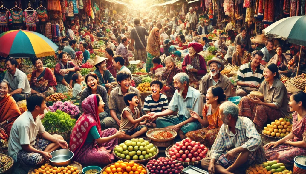 A bustling market scene with vendors and shoppers mingling radiates success and happiness. Stalls display vibrant fruits, vegetables, and textiles as people smile and interact in this colorful setting.