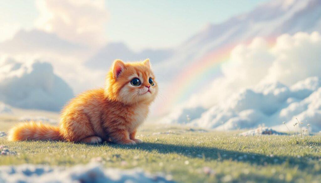 An orange kitten sits on grass with fluffy clouds and a rainbow in the background, resembling the joy found in confidence-building exercises.