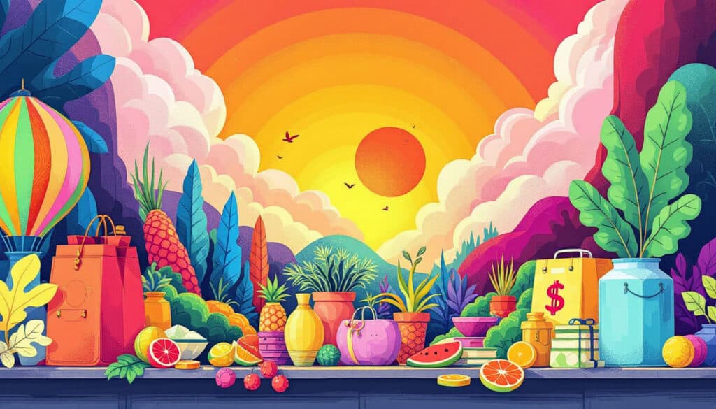 Vibrant sunrise landscape with plants and various fruits on a table, surrounded by trees, clouds, and birds.