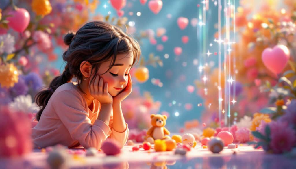 A girl with closed eyes and a smile leans on her hands, surrounded by flowers, balloons, and a toy bear, all part of her self-care haven, with sparkles in the background.