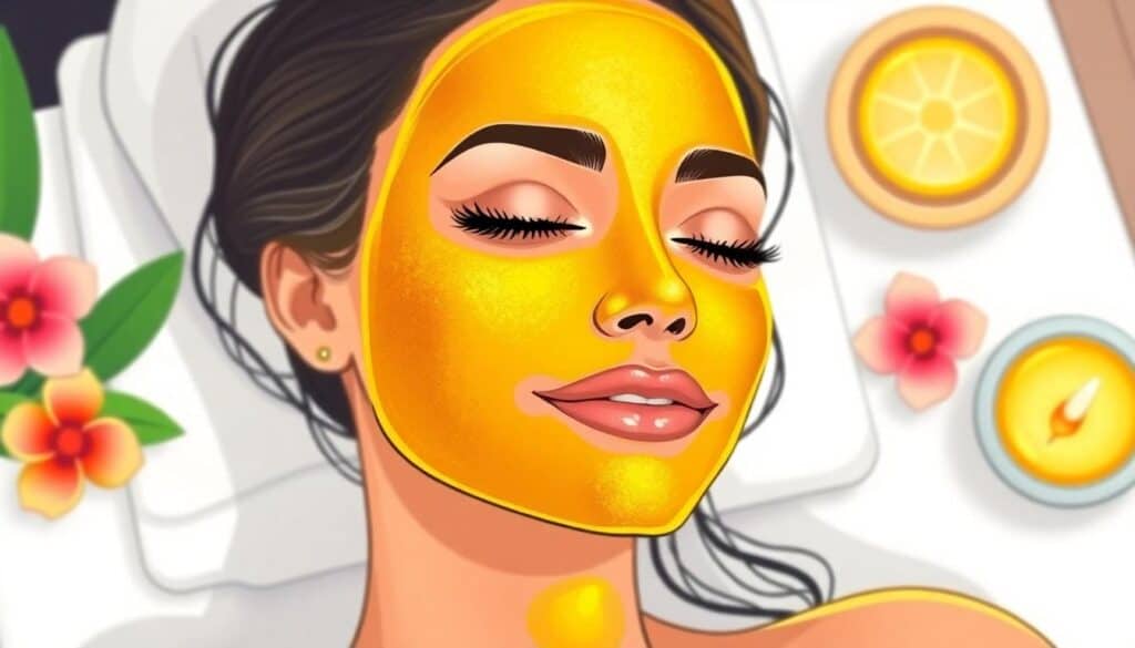 A woman relaxes with a golden facial mask, eyes closed. Nearby, slices of citrus, flowers, and a small candle suggest an indulgent yet saving smart spa setting.