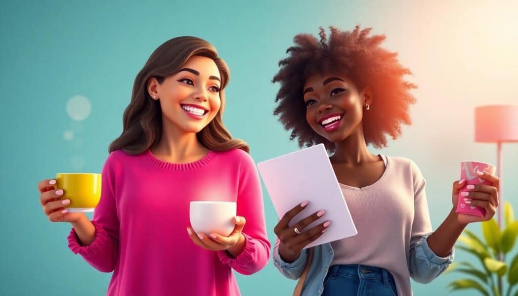 Two women are smiling while holding drinks—a yellow mug with a tablet and a white cup—in a moment of self-care. Against a turquoise backdrop, accompanied by a lamp and plant, they effortlessly balance relaxation and style without breaking the budget.