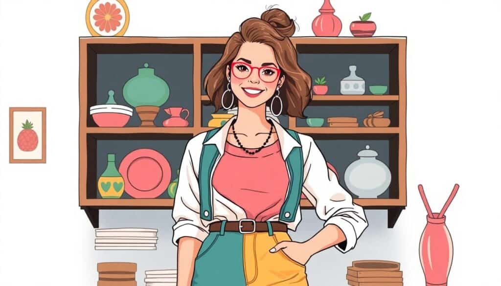 Illustration of a smiling woman wearing red glasses and casual clothes. She stands in front of a shelf adorned with colorful pottery, plants, and books that echo the pillars of financial well-being.